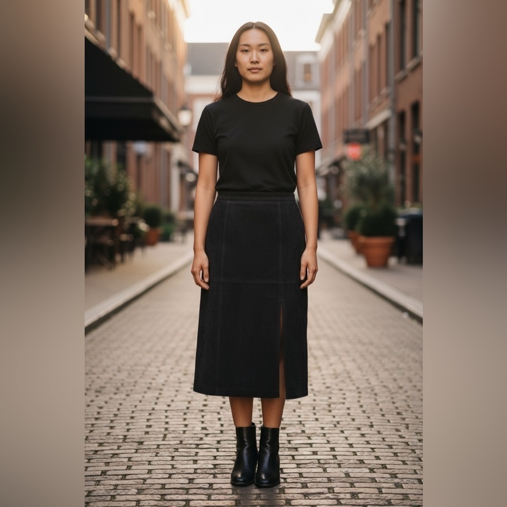 Linda Allard Ellen Tracy 10 Petite Woman’s Suede Leather Black Skirt.